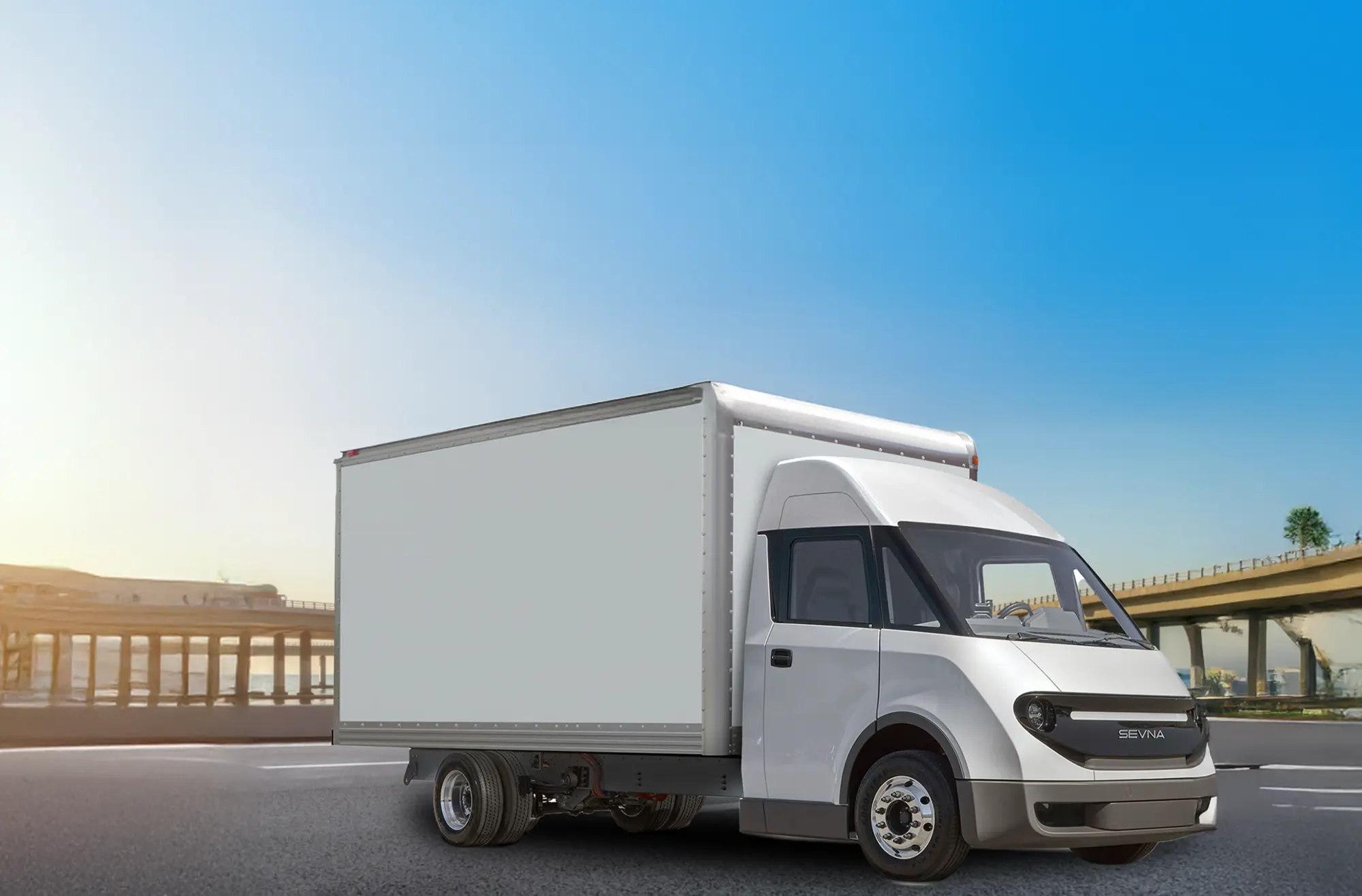 Harbinger 16-foot EV box truck with SEVNA composite cab, front three-quarter view