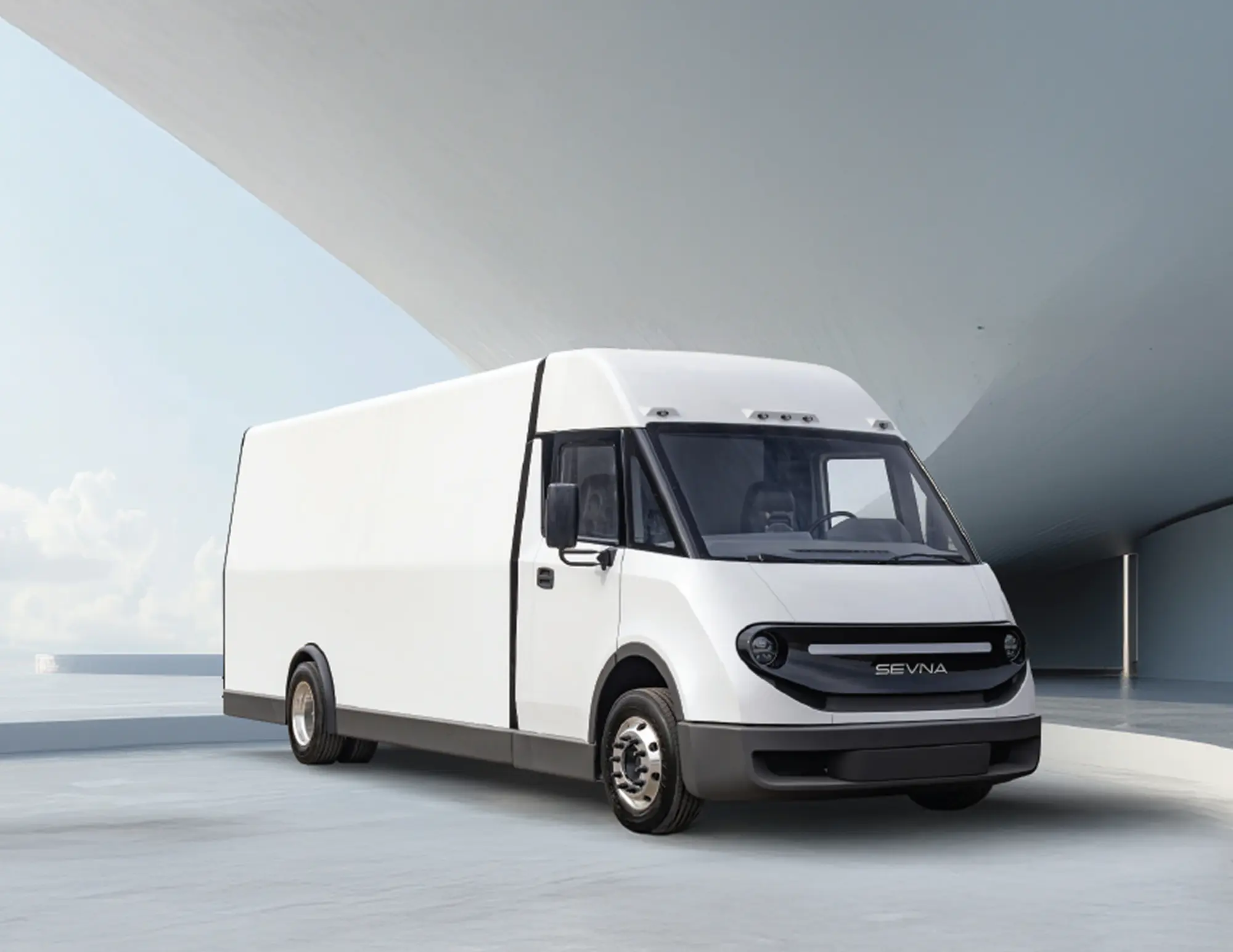 Harbinger 16-foot EV box truck with SEVNA composite cab, front detail view
