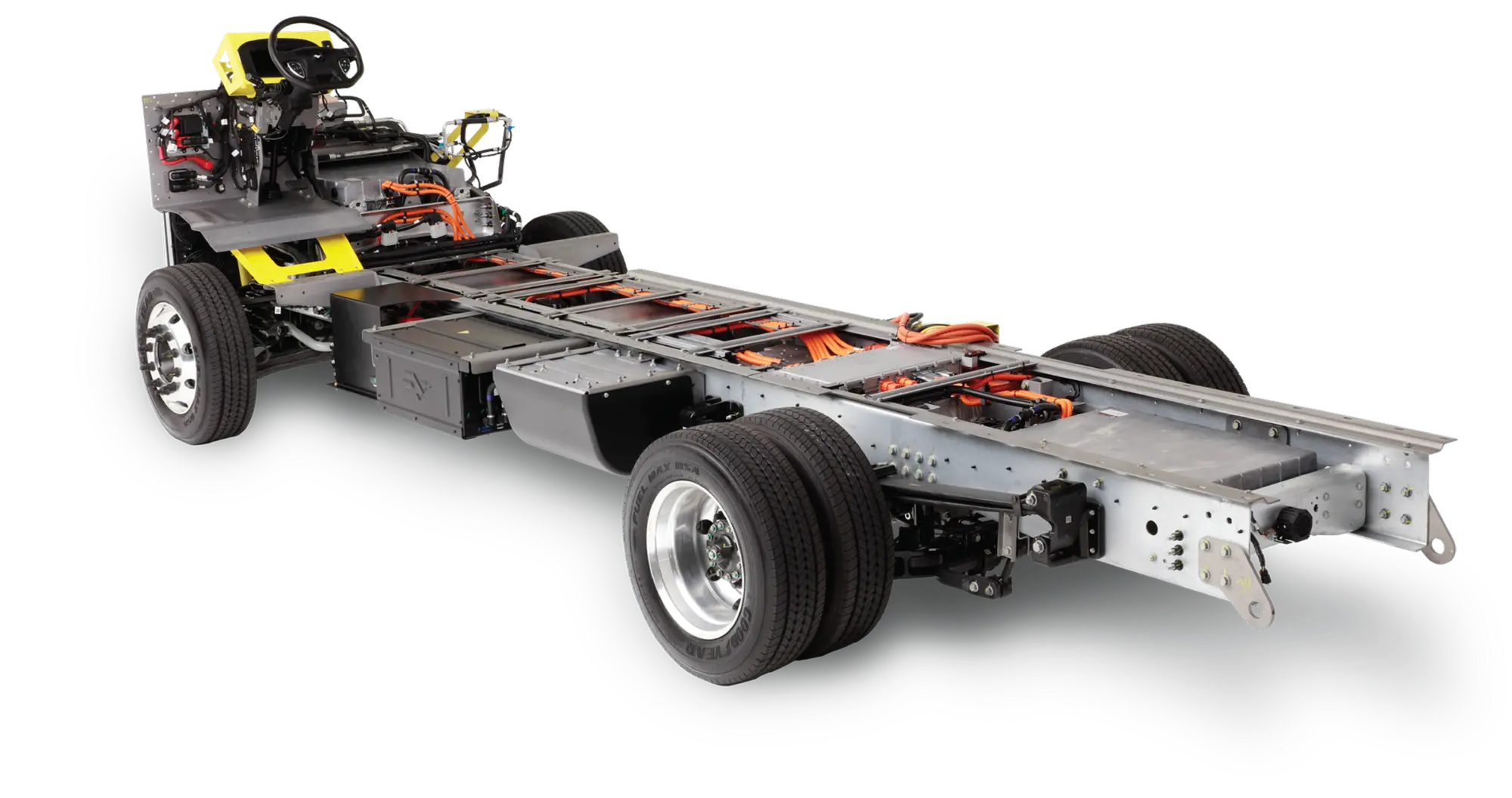Harbinger stripped EV chassis showing battery packs, drive unit, and ladder frame