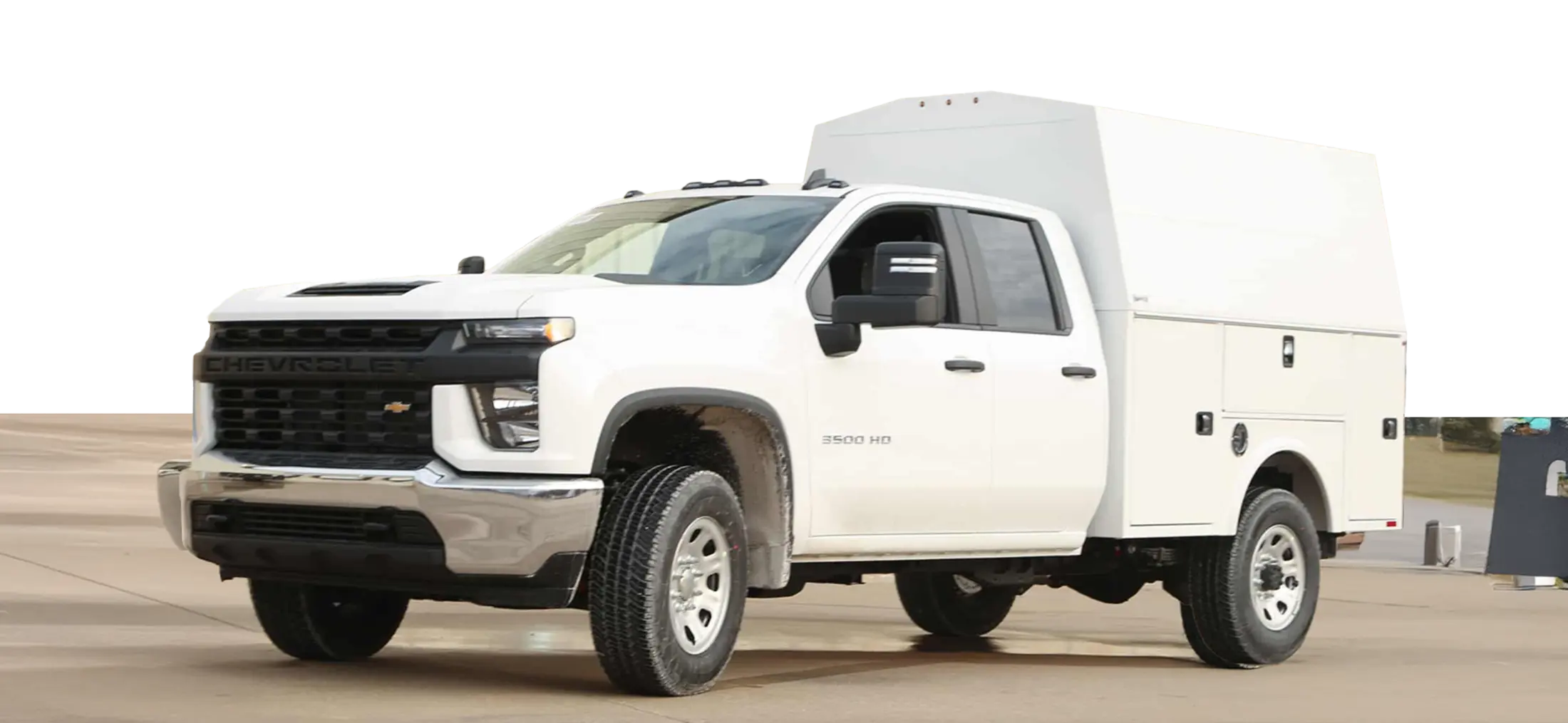 Silverado 3500HD with enclosed Knapheide KUV utility body, front three-quarter view